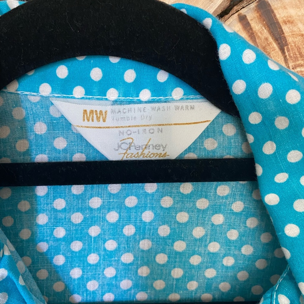 Vintage JC Penny teal polka dot button down